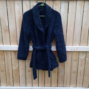 Outbrook Black White Soft Fuzzy Silky Reversible Coat Tie Waist